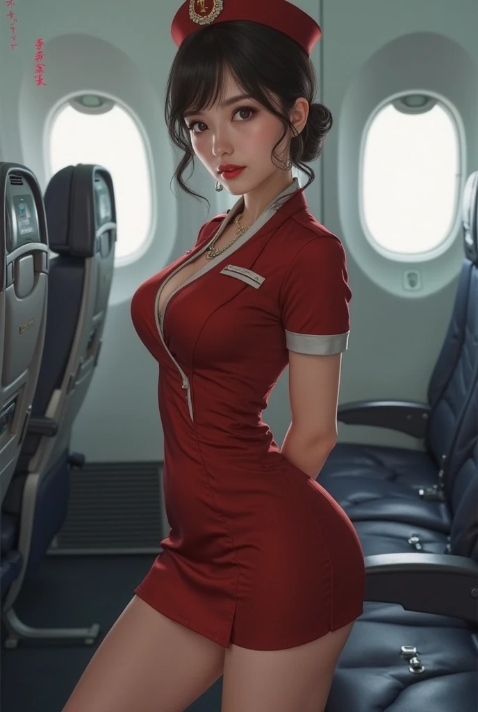 1girl, cowboy shot, beautiful slender flight attendant, (air hostess:1.2), tight skirt, nsfw, (:1.2), (neck handkerchief:1.2) , full lips, big clear eyes, makeup, beautiful short hair, shirt open, half smile, broad shoulders, small waist, wide hips, thigh gap, cameltoe, (intricate, highly detailed, 8K, masterpiece), soft tones, inside plane, blurry background, depth of field, bokeh, lace panties <lora:shirtliftv1:1>