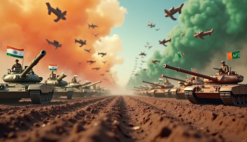 Create an art of a crop, being harvested by combine harvesters in the midst of a war with tanks, soldiers and bombs