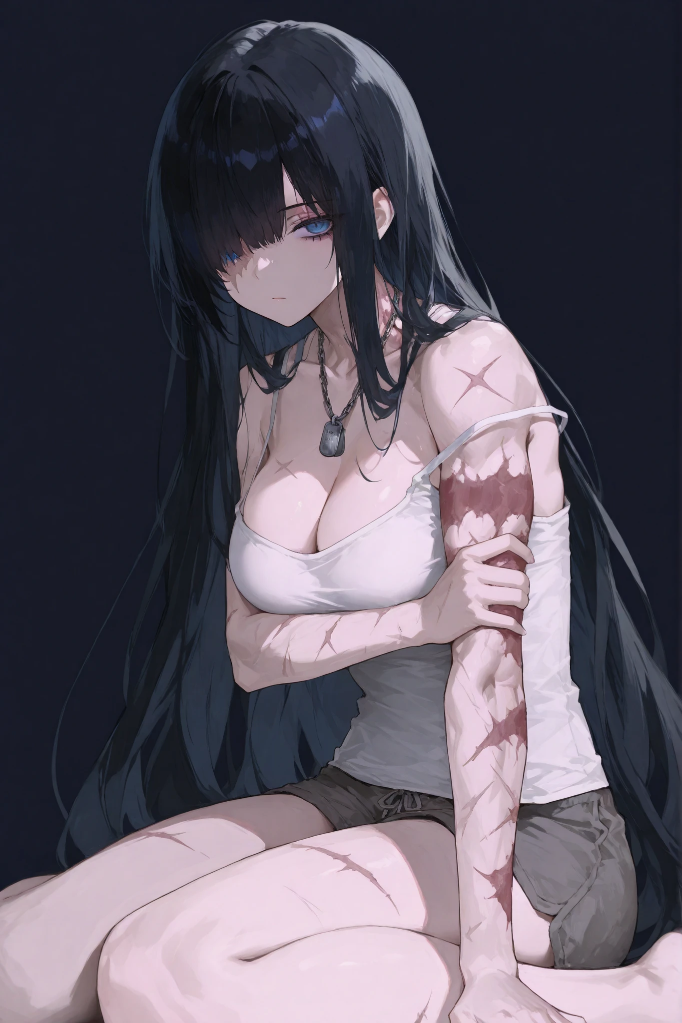 1 girl in, no smile, sparkling navy blue eyes, (black hair) , small stature, small breasts, loli, (masutepiece:1.2, Best Quality), (finely detailed beautiful eye: 1.2), (beautifull detailed face), High contrast, (Best Illumination, extremely delicate and beautiful), ((Cinematic Light)), Dramatic light, (Pale white background:1.5), bandaged_leg, bandages, bandaged_arm, bandaged_neck, long_hair, collarbone, bandaged_head, collarbone, put lost of bandages on head, lots of bandages, bandage on the wound, sheis whole body was wrapped up in bandage,worn out clothes, bound with chains, worn out tank top, ((wearing worn-out torn cotton tanktop)),