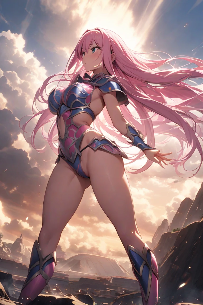 sensual, ((long pink curly hair)), thick thighs, 8k, 4k, highest quality, High resolution:1.2), cute anime face, noise reduction, ((shining blue eyes, gentle smile, kind eyes))、toned abdominal muscles, muscular arms, muscular legs, young face, anime eyes, (((big breasts、A chest that is about to burst)))、(((whole body)))、(((Rear view、I'I'll turn around、emphasize the buttocks、T-back that digs into your butt)))、(((white string)))、fantasy battle armor、armor