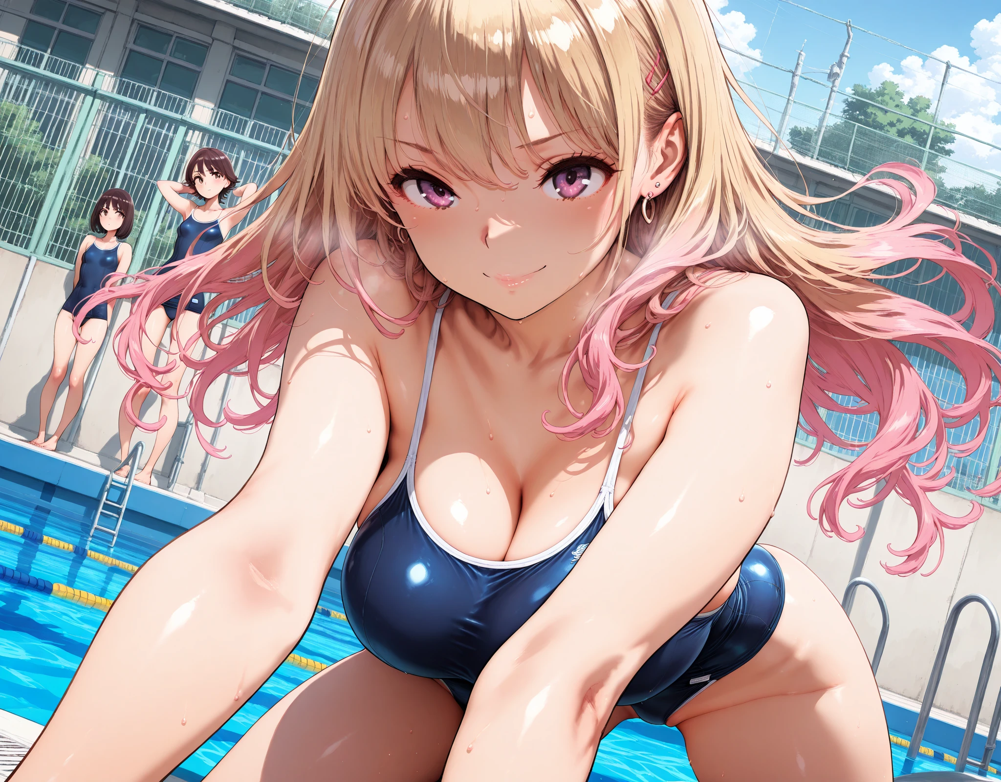 ((View from above))　female giant giant girl giantess Bikini Swimsuit Paola Big Breasts Cleavage Float Blue sky, public pool, valley between buildings, waves, splashing water a pool area at an amusement park with people playing in it near water slides, pool, outdoors, tree, day, cloud, scenery, sky, multiple girls, water Masterpiece Unreal Engine Beautiful picture 4k,Pixel art nude 90's chest buttocks