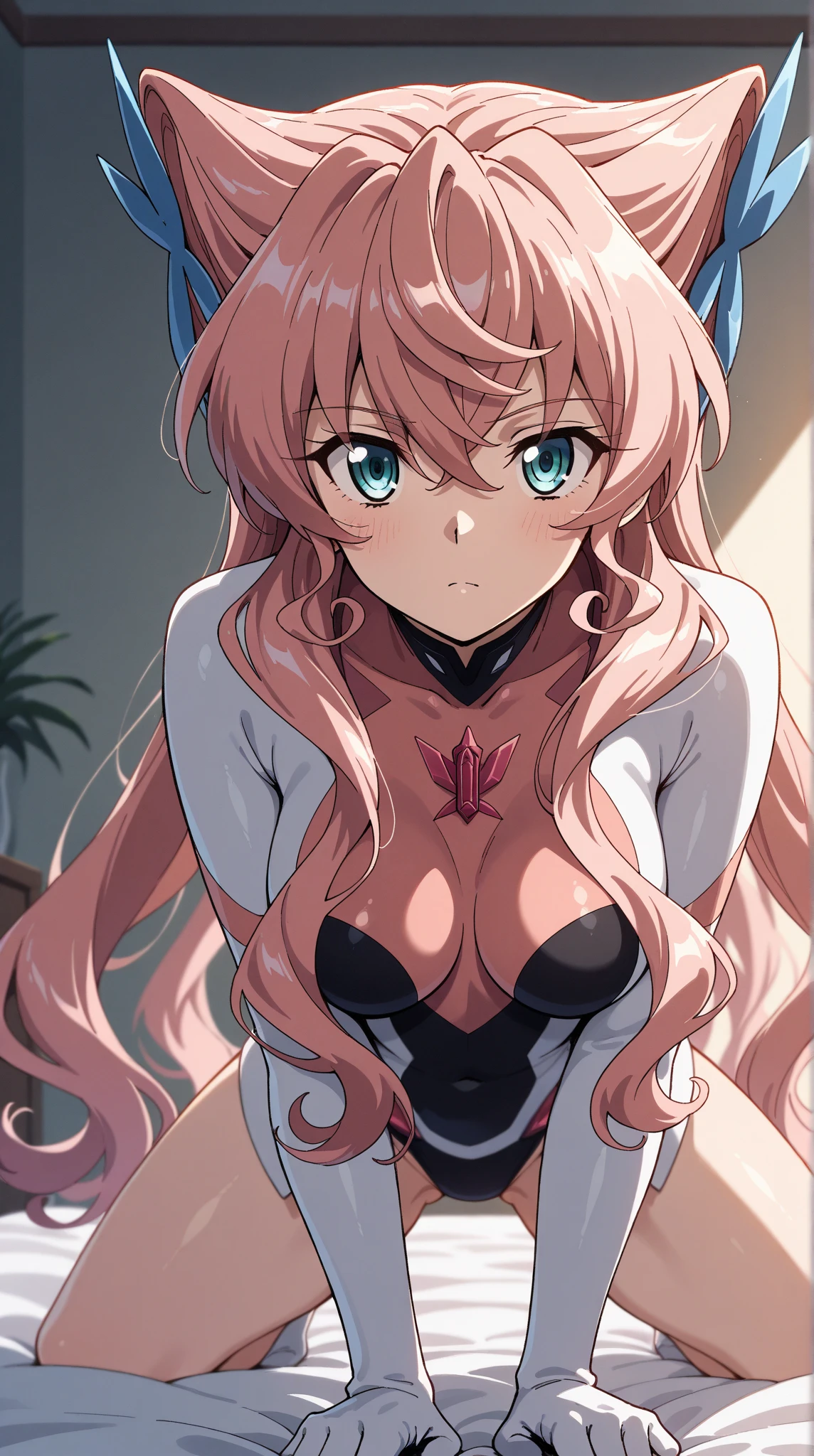 (extremely detailed CG unity 8k wallpaper), (masterpiece), (best quality), (ultra-detailed), (best illustration), (best shadow), (absurdres), 1girl, solo, pefrect face, perfect eyes, huge breasts, shining breasts, , sfw, safe, close the camera, light red black lace bra, light red black lace panties, standing, vivid colors, cleavage, vivid, miyako shikimori, long hair, blue eyes, hair between eyes, pink hair, huge breasts, looking back,