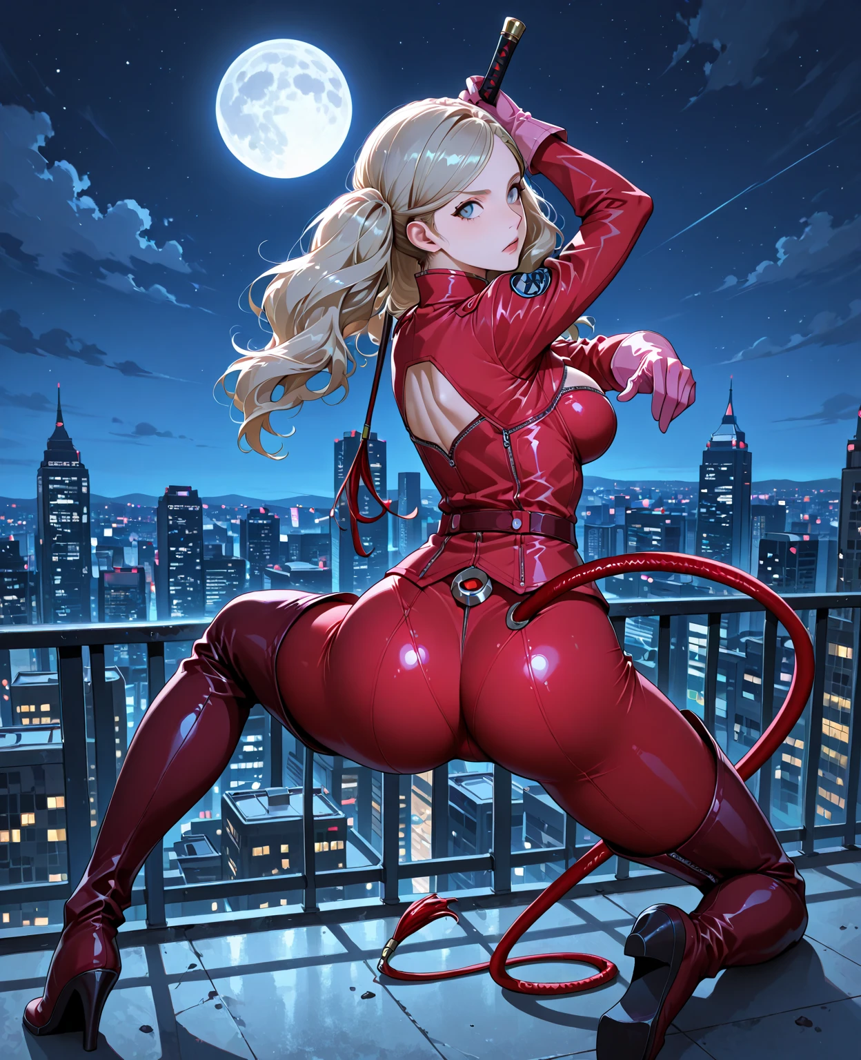dspanther, blonde hair, long hair, twintails, swept bangs, blue eyes, black bodysuit, thigh boots, gloves, zipper, cleavage, clothing cutout, cat ears, cat tail, 1girl, solo,back to the viewer, viewed from behind,view focus on her ass, takamaki anne, masked, domino mask natural breasts, huge breasts, huge ass, huge thighs, narrow waist, wide hips, thick thighs, curvy,
BREAK
futuristic city, neon lights, night, rooftop, depth of field, cinematic, masterpiece, best quality, game cg
 
