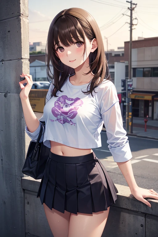 super fine illustration, vibrant colors, masterpiece, sharp focus, best quality, depth of field, cinematic lighting, ultra detailed, crop top, white shirt, long sleeves, white pleated skirt, navel, belly button, tummy, wide hips, 1 girl, solo, milf, curly hair, slender, blush, annoyed, mature female, tall woman, looking down, small breasts, stomach, purse, street, city, bangle, earring, pearl necklace, raised hands,, afraid