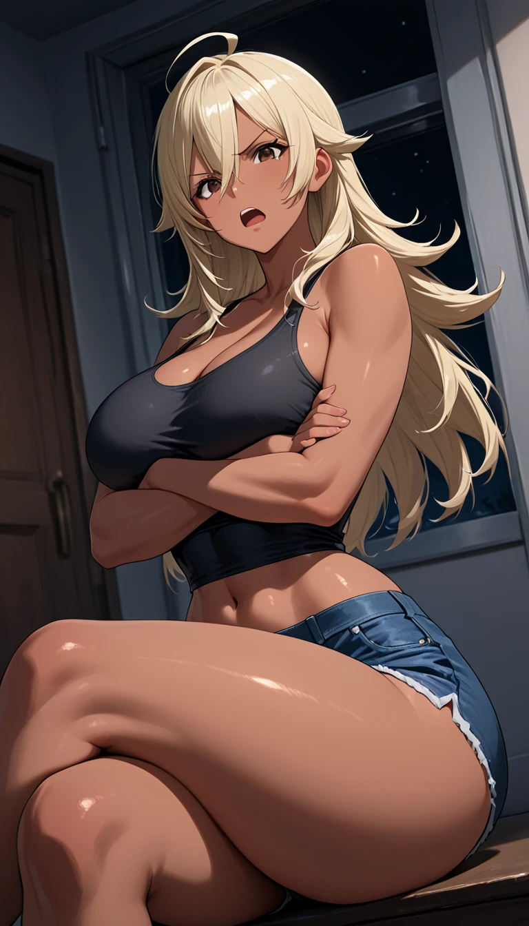 Very detailed、highest quality、Best image quality、masterpiece、8k、Sparkling blue eyes、Anime Face、A kind smile、(Open your mouth:1.2)、(Big Breasts)、(Blonde hair:1.5)、(SFW Giant)、Cowboy Shot、(Muscles of the whole body)、(Black Thong:1.3)、(necklace:1.3)、ckundies、(NSFW:1.5)、(arms up behind)、(squat)、(Spread your legs),、Bow legs、(Bow-legged)