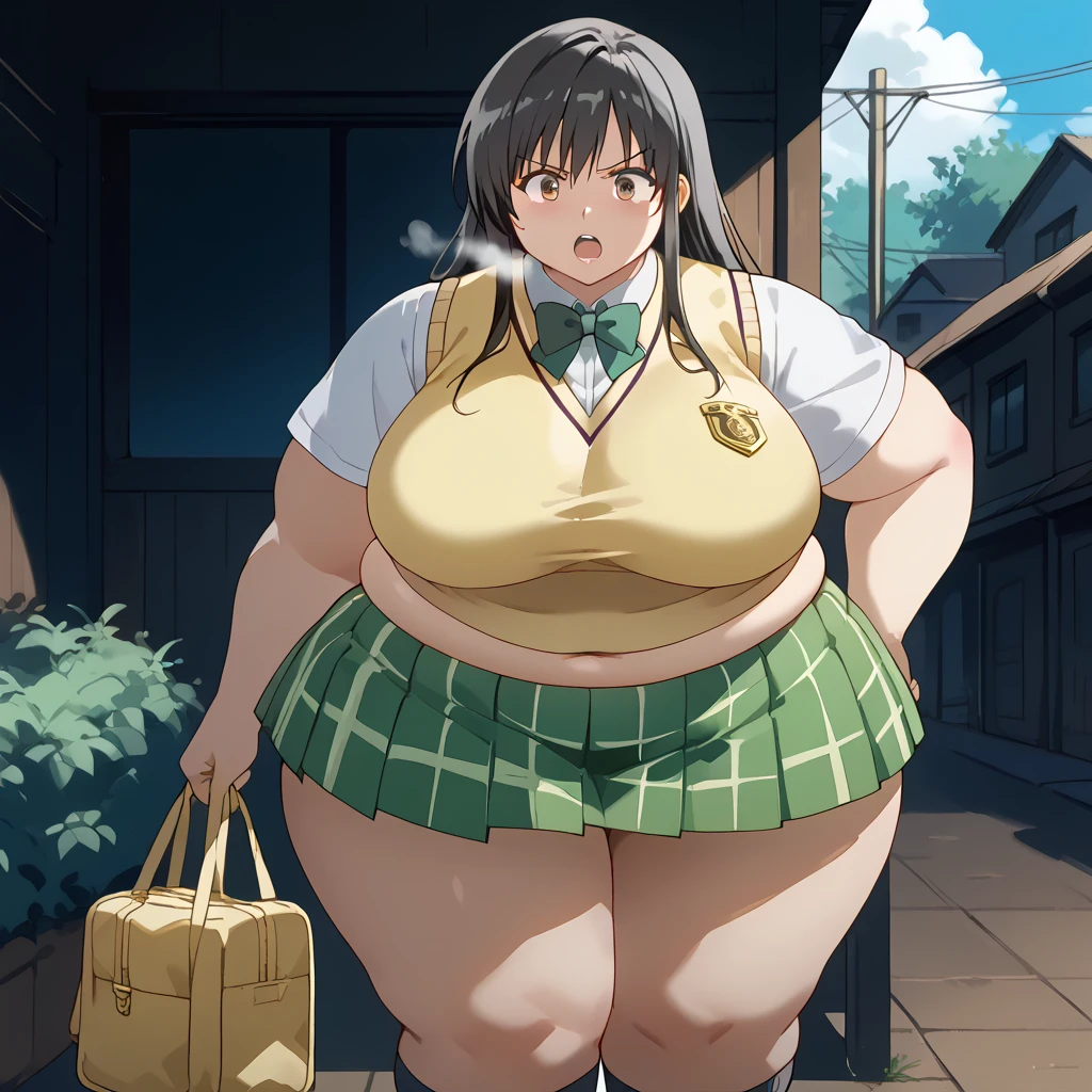 A girl in a uniform((From before)),Brown Hair,Light brown eyes,pigtails,BIG Boned,On the ground,steam,vapor,thick calf,Thick arms,Thick legs,tall,Sweat,Being outside,weather((Clear skies)),Puffy nipples,,Beautiful curves,Spread your legs,Knee socks