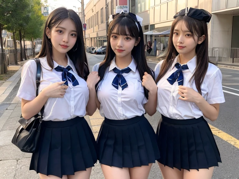 A large group of Japanese schoolgirls in short uniform skirts and open cropped tops 