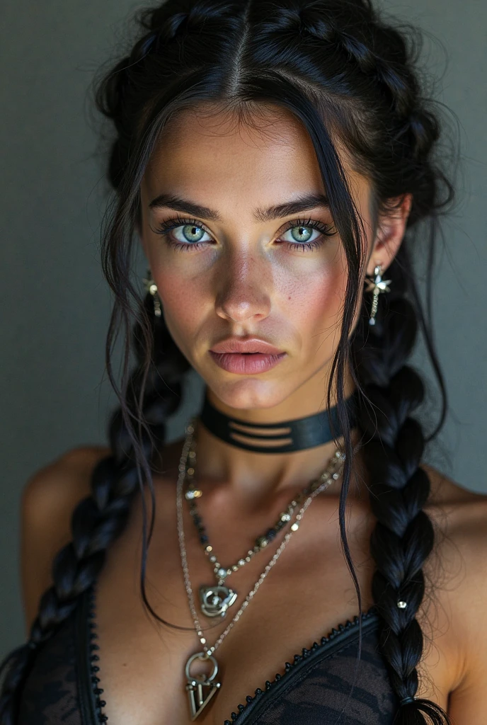 A girl with long blue hair. Her face is exquisite, with high cheekbones and smooth fair skin. Her large black eyes, framed by long thick eyelashes, are impressive and expressive, radiating calmness and confidence. Well-defined eyebrows curve gracefully above her eyes, adding intensity to her gaze. She has a small, straight nose and full, slightly parted lips that curve into a slight smile, revealing hints of mischief and allure. Her sharp, well-defined jawline gives her face a refined and elegant appearance. Create an image of a vtuber, long gray hair with a braid, violet eyes, low-cut black dress with gold details, centered, symmetry, painted, intricate, volumetric lighting, beautiful, rich deep colors masterpiece, sharp focus, ultra detailed, in the style of Dan Mumford and Marc Simonetti, astrophotography