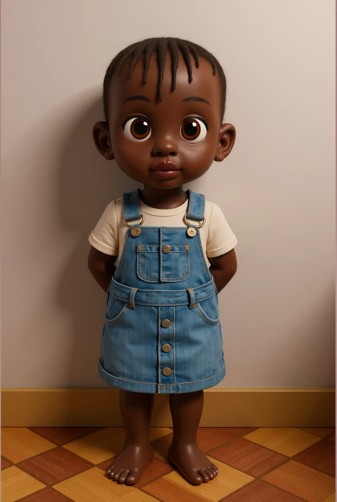 3D a little girl with gritando, (((standing in front of a bolo)), disney animation, brown skin like soil, cold studio lighting, evokes feelings of joy, beautiful artist rendering, as a pixar character, kawai, (((chibi))), vestindo camiseta longa e calça jeans, inspired by Sheila McClean, artist unknown, cherubic,