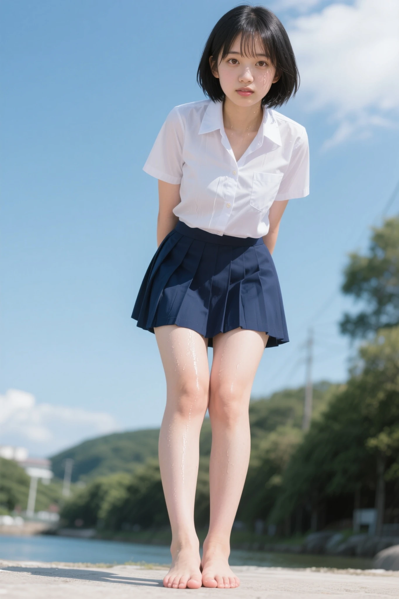 Slender Woman、black hair bob、Japan-Korea Half、school uniform、skirt short 、beautiful legs、Fair skin、barefoot、NFSW、panties、The chest is fluttering