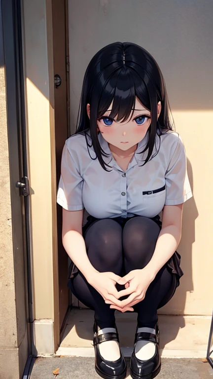 ((Beautiful feet)),(((Black Stockings))),((Lace panties)),((school uniform)),((loafers)),(((Pleated mini skirt))), ((White blouse)),((Correct Anatomy)),((Crouching on the stairs)),Ultra-high resolution, Mature Woman, Mature Woman, Very detailed, ((Big Tits)), Perfect hands, Detailed fingers, Beautiful details,((Long, long hair)),((ponytail)),Black choker, Earrings,Perfect Eyes, Seductive eyes,School stairs