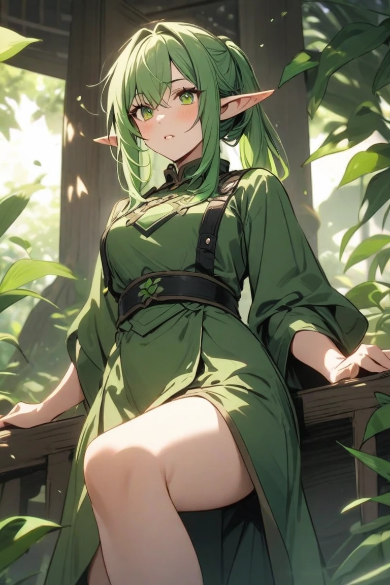 best quality, (masterpiece:1.2), detailed,
1girl, solo, closed mouth, smile, pointy ears,
green hair, green eyes, short hair, short hair with long locks, 
green dress, sleeveless dress,
standing, looking at the viewer,
outdoors, (standing,full body),blade on waist