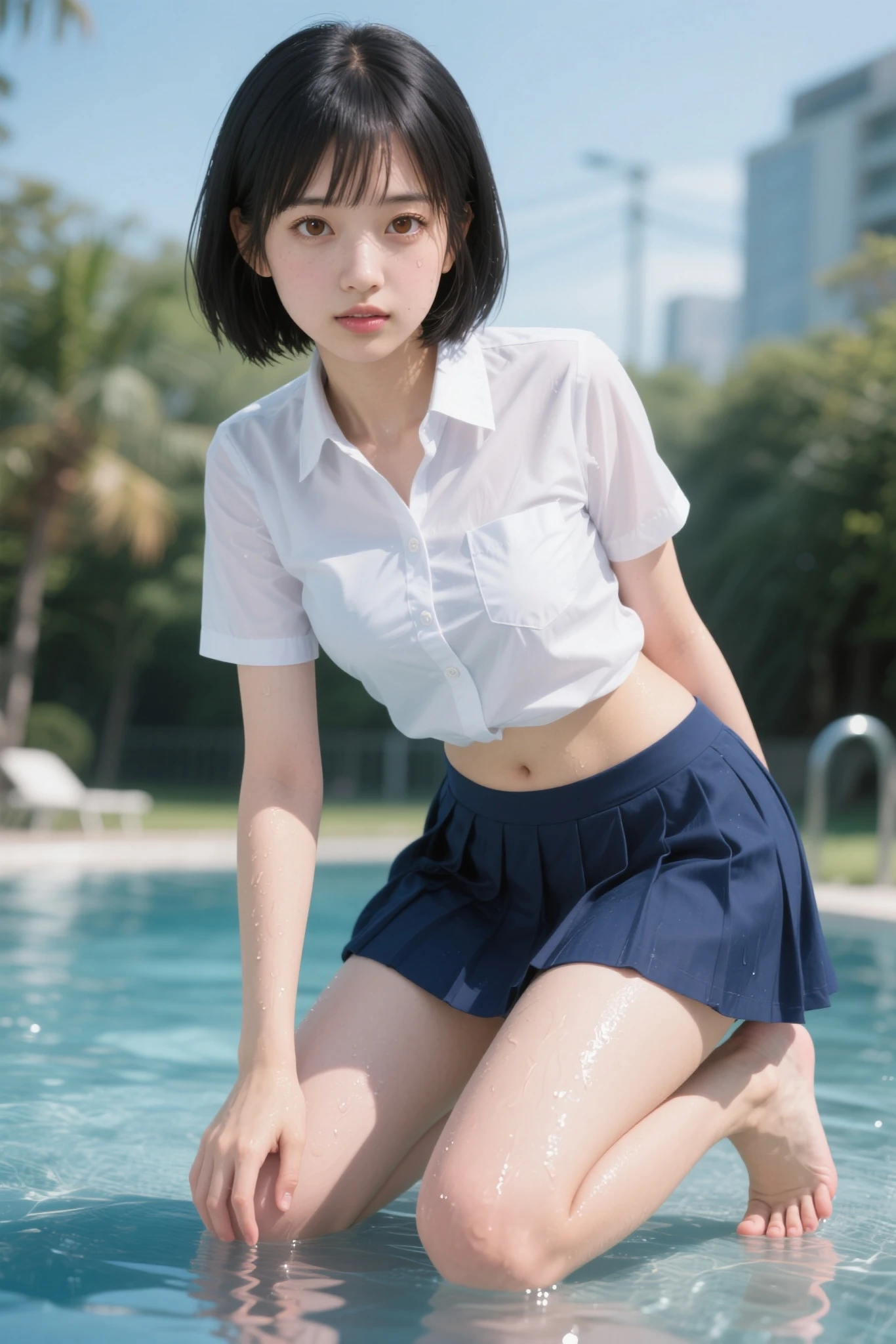 ((Best of the highest quality, 8k, Masterpiece, raw photo: 1.3)), Sharp focus: 1.2, (1 AESPA girl: 1.1), (Solo: 1.18), (realistic, photo-realistic:1.37), face focus, cute face, finely eyes, (Small breasts, flat chest, Thigh: 1.28), (wet button down shirt, panties: 1.4), wet body, short messy hair, updo, poolside, flower, (small smile)