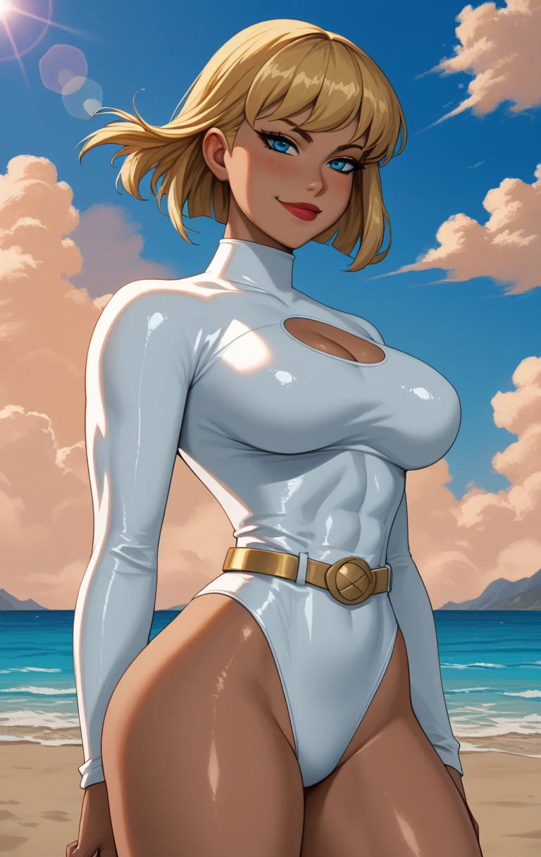 cartoon_dc_powergirl_ownwaifu, Power_girl wearing a light blue micro-bikini standing on a deserted rocky beach, smiling, fun, playful, ((glamour)), ((highly detailed)), (((Masterpiece))), (photography), ((realistic))