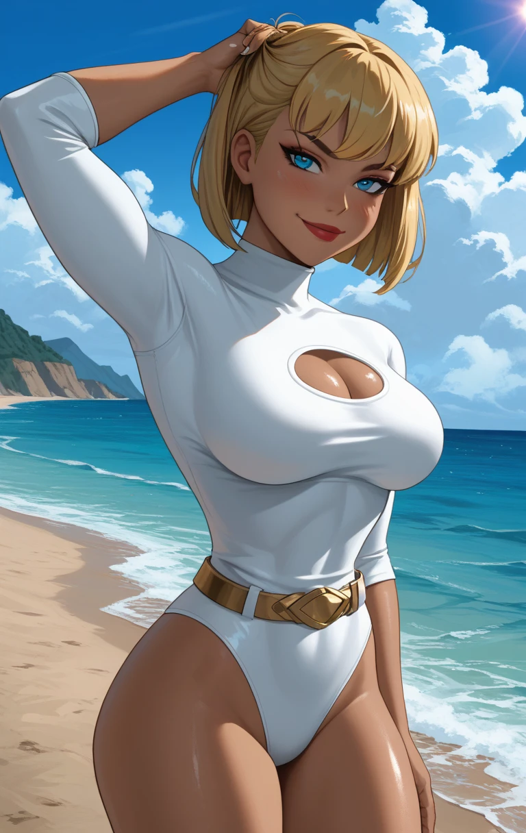 masterpiece, white bodysuit, full body shot, ass crack, cleavage, gorgeous woman, clone, barcode, blonde, slave collar, 1girl, bobcut