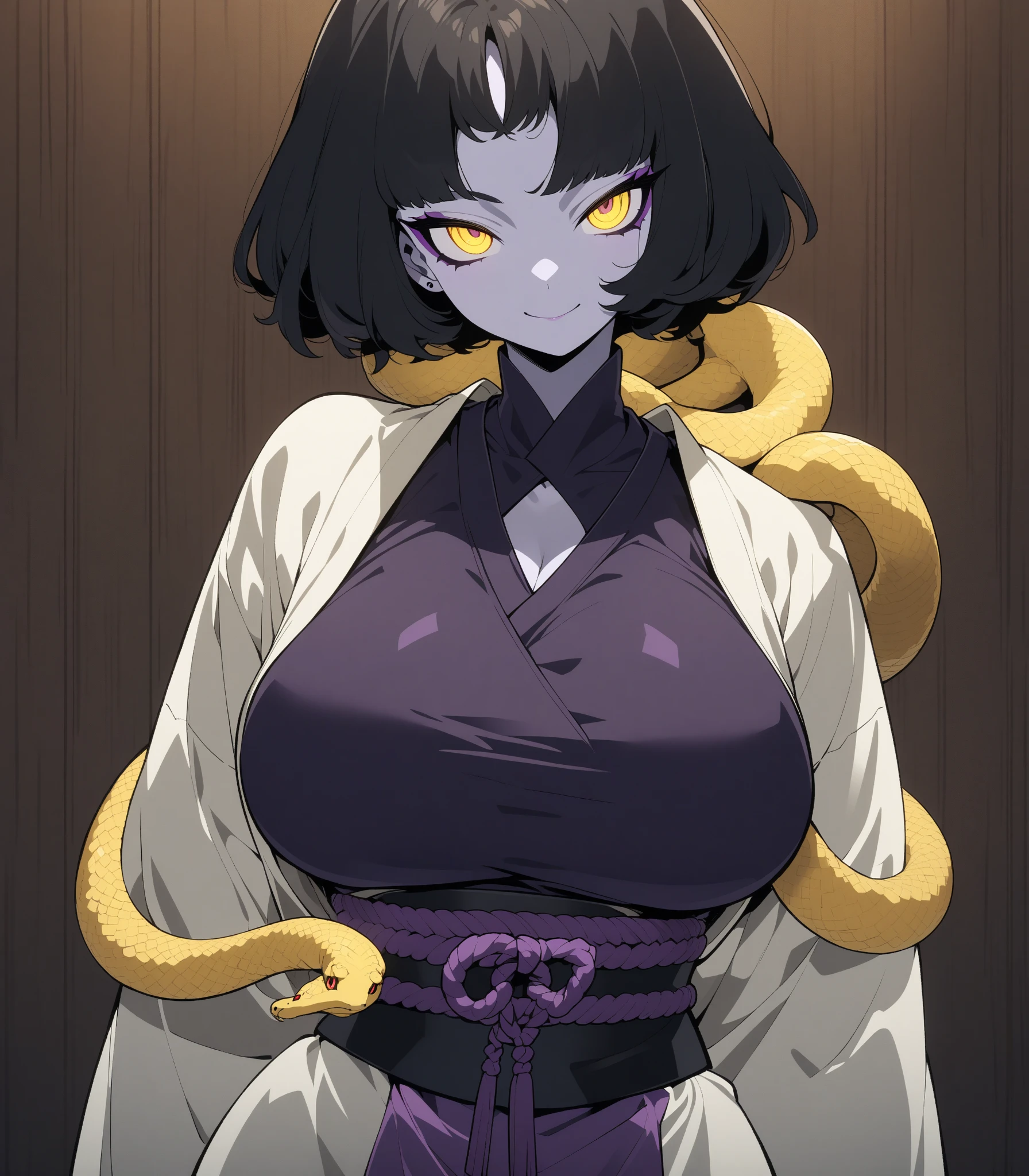 mature female, solo, large breasts, snake hair, <lora:SnakeHairV4:0.7>, kimono, wide hips, slit pupils, purple hair, grey skin, blue eyes,
