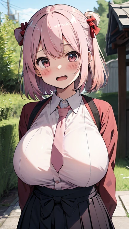 <lora:CarmillaV1-000015:1>, Carmilla, 1girl, solo, green_scarf, scarf, cleavage, braids, sidelocks, long_hair, blush, simple_background, pink_eyes, pink_hair, Nude, nipples