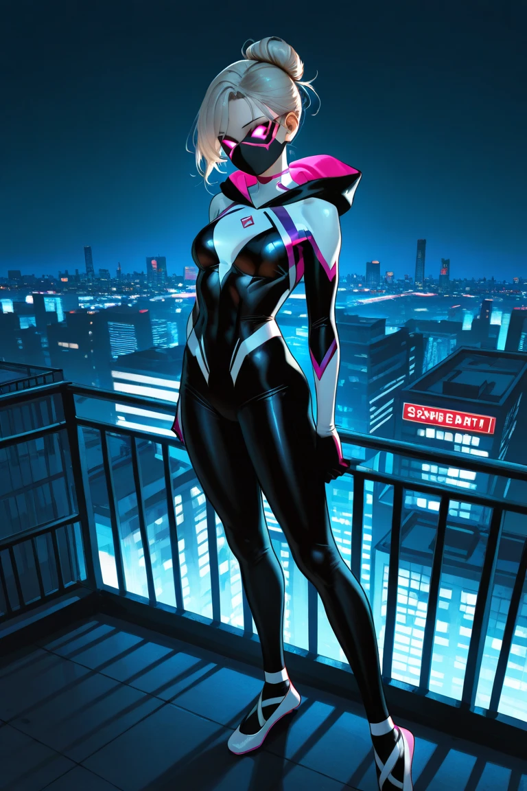 uma pintura digital da spider gwen utilizando, cabelos longos, arte cyberpunk de Josan Gonzalez, vencedora do concurso behance, afrofuturismo, synthwave, neon, neon brilhante,coxas grossas, cintura fina, sensual, nsfw, pouca roupa, arte erotica, anime, roupas rasgada de batalha, extremamente sexualizada, corpo suado, NSFW, seios grandes, bunda grande, HD, 8k, Alta qualidade, detalhes, corpo perfeito, destaque o corpo, detalhe no rosto perfeito, Detail in the background
