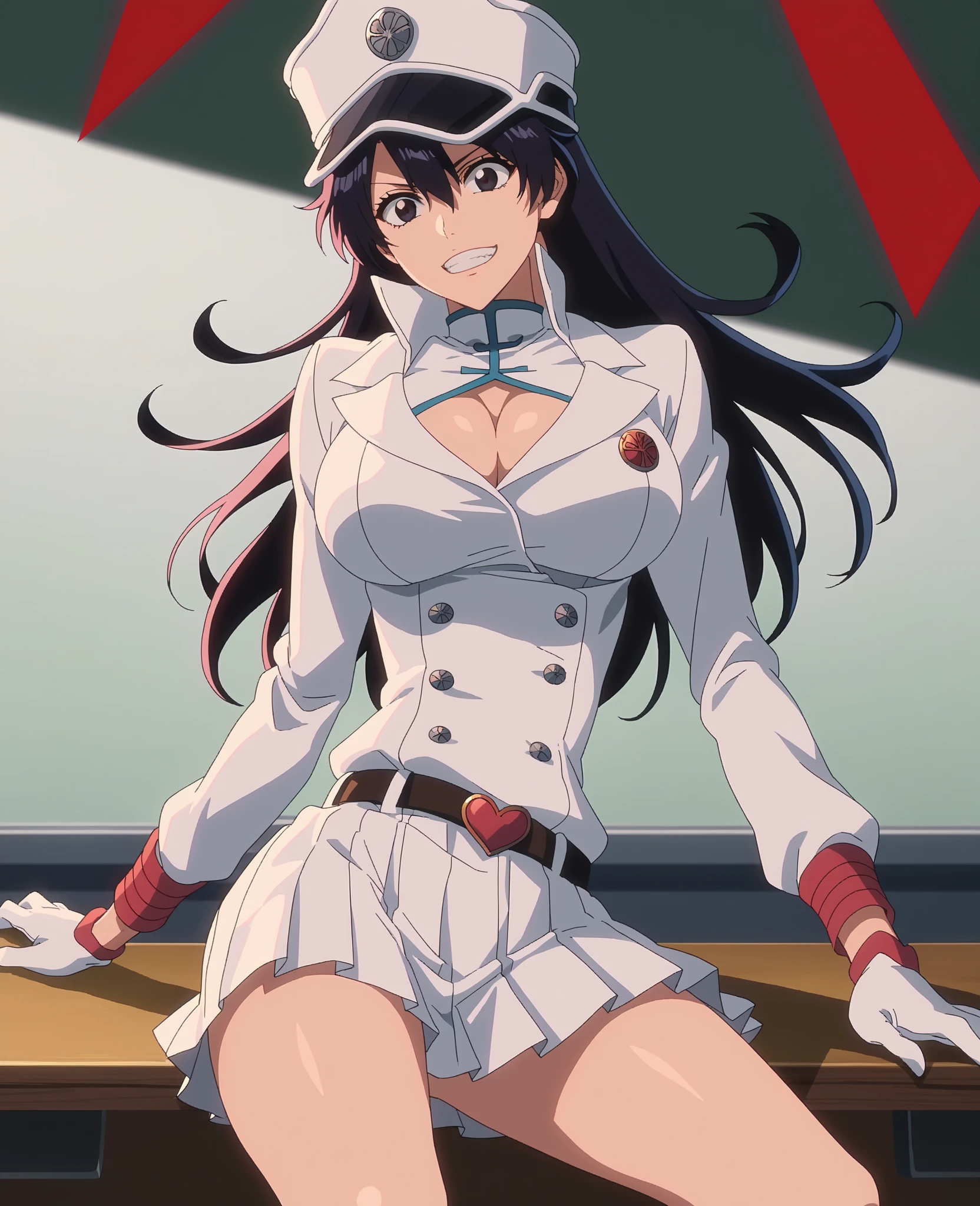 ((1girl)),((alone)),Bambietta Basterbine,(masterpiece), (best quality), (ultra detailed), (best illustration), (best shadow), (absurdities), sharp focus, cowboy shot , dynamic posture looking at the viewer, big breasts, narrow waist, wide hips, wide thighs, round butt, erotic, romantic, (very detailed eyes, lips 1.1), very detailed eyes, eyes, Very detailed face, Very beautiful face, height full, beautiful slim figure, femininity, expressive appearance, elastic big breasts, increased sexuality, military uniform, white military shape, ((cleavage)), pleated skirt, short skirt, bare thighs, deep brown eyes, white skirt, fire, flame , cap with white visor, military cap, white boots, boots below the knees, long black hair, defined body, perfect and beautiful body, perfect and beautiful, closed mouth, calm expression, blushing, (sexy pose: 1.2 ), ((only)), standing: 1.3, outdoor, cityscape:1.4, streets:1.3, city:1.2, night:1.3, city lights:1.3, looking forward ((focus on breasts), point of view (from above), blush red , perfect ???????, perfect hands,