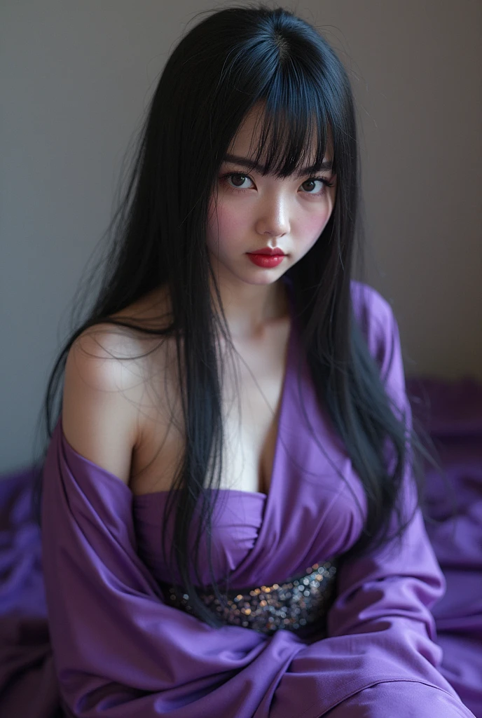 off shoulder, (twins womans) , deep cleavage, long hair, purple bikini style, wrapped in dirty rags , black shirt, purple haired , big boob, absurd, beautiful face , beautiful eyes, perfext body. Full body shoot , sitting , happy , squirt , indonesian , bedroom background