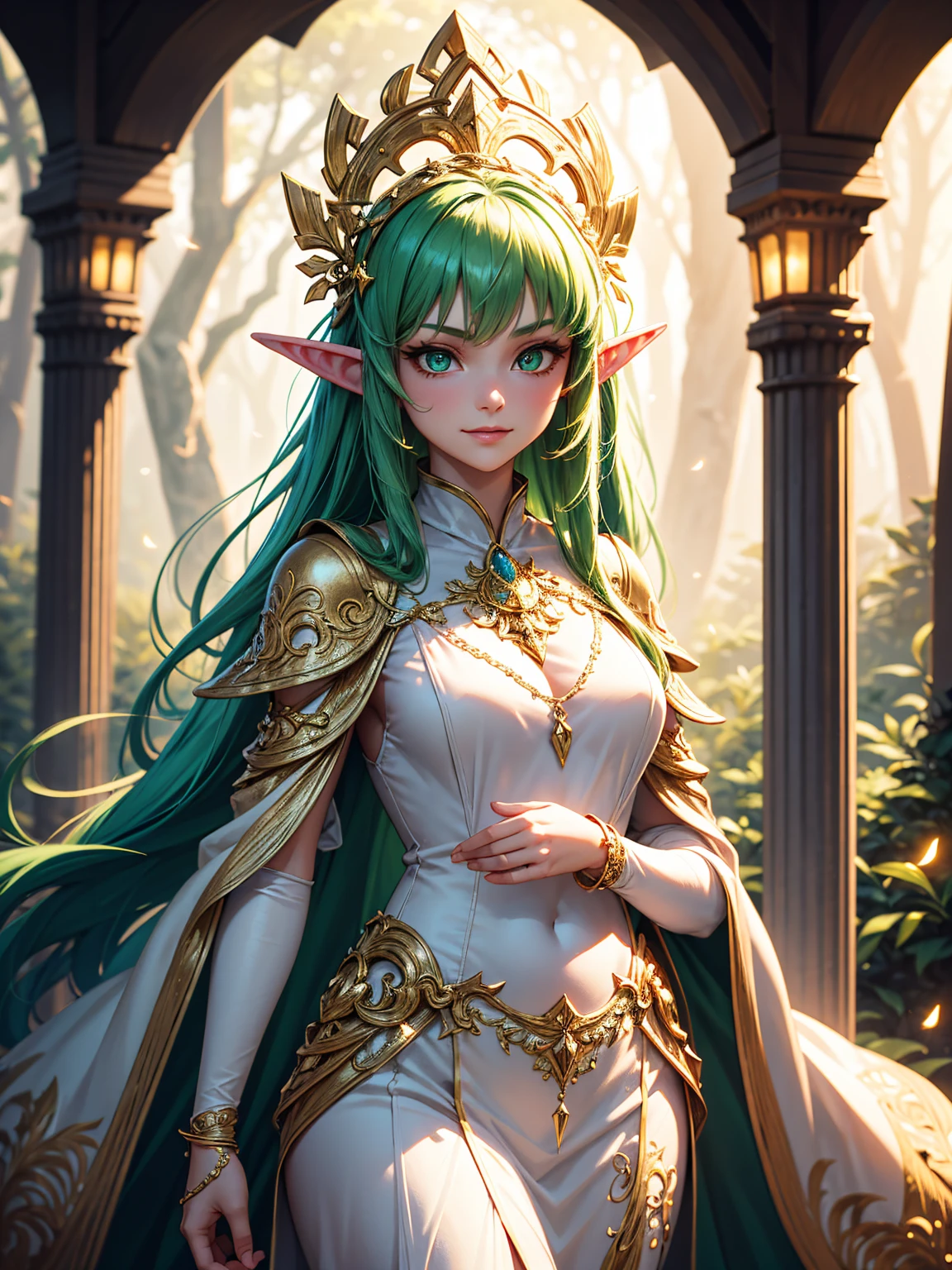 ((highest quality)),(ultra high resolution),(Super detailed),(detailed description),((best CG)),(best work of art),super precision art,amazing drawing art,(Fantasy art with precise details:1.5), (female elf:1.6),Finely detailed leather armor:1.7,elaborately crafted circlet:1.8, She stands by the riverside in the meadow where the wind is blowing, looking at you and smiling.。The soft sunlight surrounds her。I can see the little birds flying around energetically.。