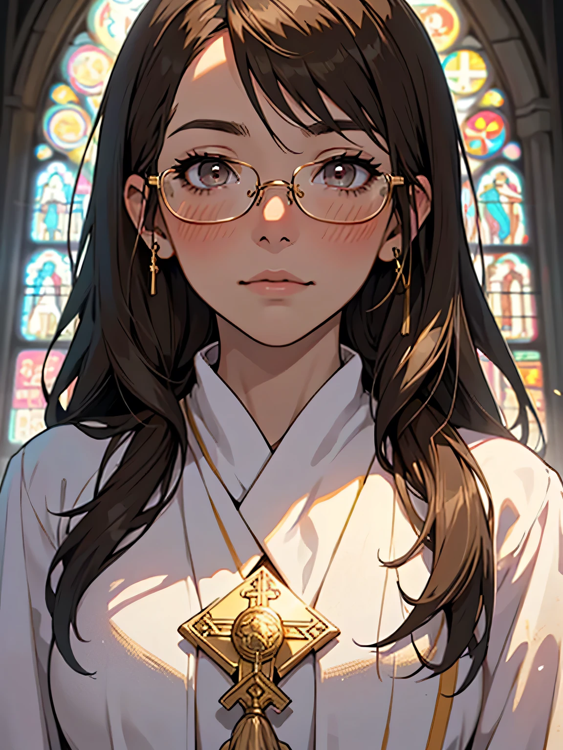 (masterpiece, best quality, hires, high resolution:1.2, 4k, 8k , high quality), extremely detailed, realistic, intricate details, highres, 1girl, solo, brown long hair, pink eyes, blush, (glasses:1.5), (large breasts, thick thighs, wide hips), arched back,(cinematic lighting, sunlight, perfect lighting, backlighting), eye-level shot, extreme close-up-shot, naughty look, looking at viewer,           rin_tohsaka_ecsta, tohsaka rin, hair ribbon, brown hair, pink eyes, black ribbon, red sweater, black skirt, cross necklace