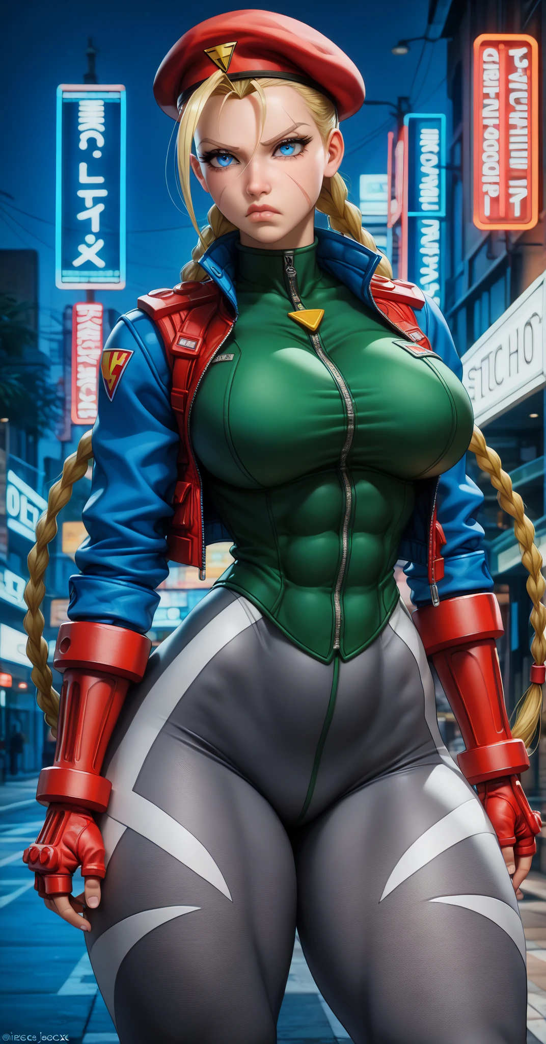 masterpiece, best quality, 1girl, solo, giant, giant, (((towering over you)))), (full body), 1girl, jolynejojo, half body, digital art, masterpiece, green and blue hair, cropped, sleeveless, wearing pants