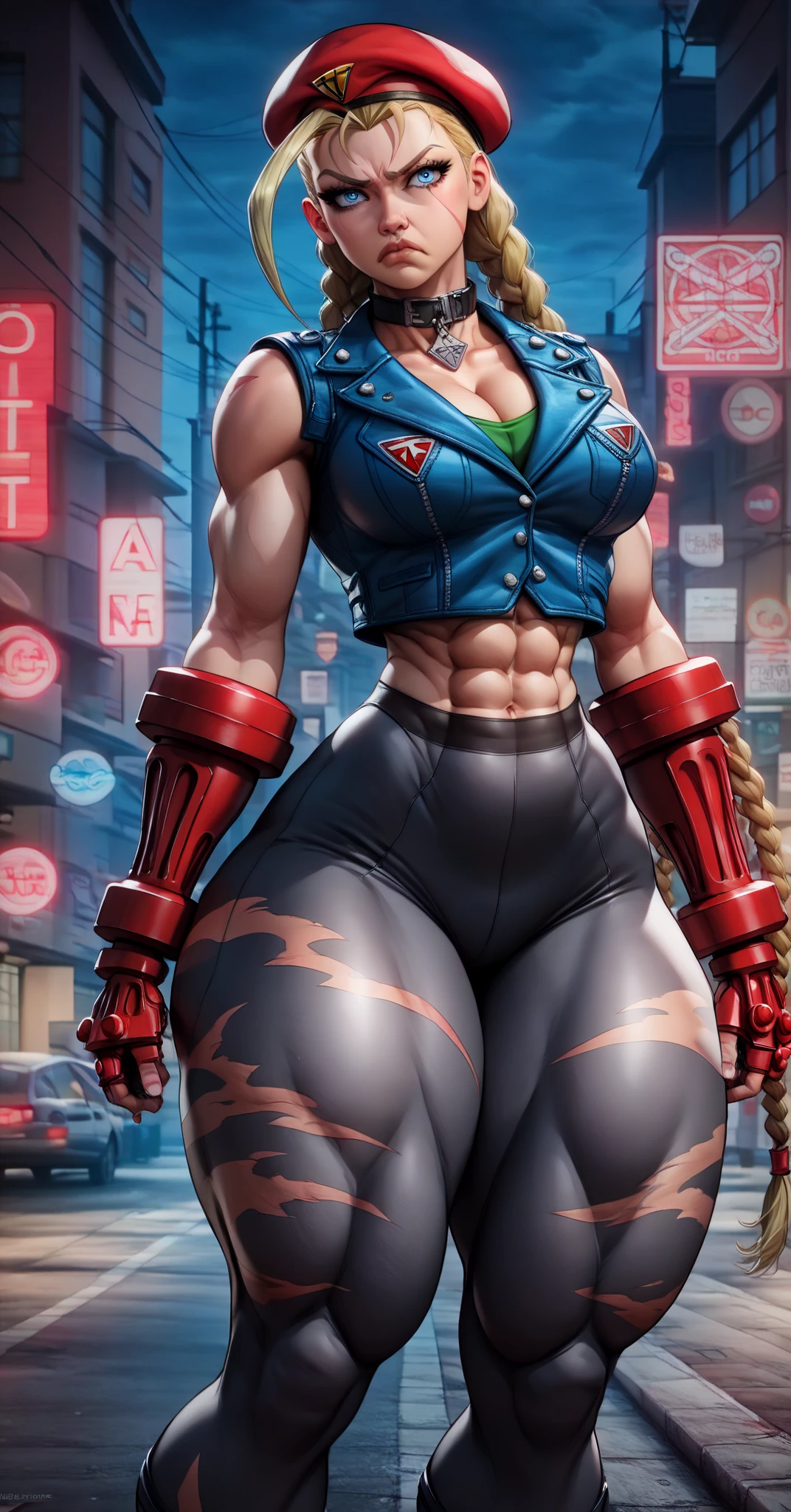 score_9, score_8_up, score_7_up, source_anime, 1 beautyful woman, african skin, big black dreads, red cybernetic arms, black cropped, strong body, tall, black jeans, cyberpunk city background, full body