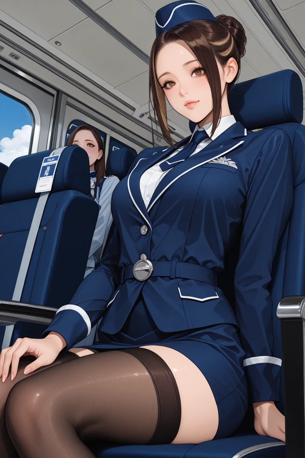 A woman is kneeling on the floor wearing a flight attendant&#39;s uniform., alone, panties, underwear, skirt, (shiny dark pink satin panties:1.3)、panties that cover the butt、garter belt, Liar, Thighhighs, skirt lift, think back, realistic