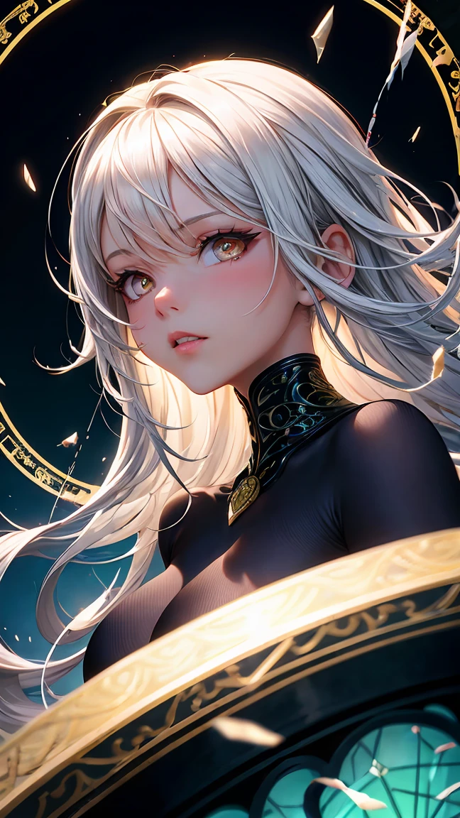 white hair, inner colored purple hair, golden eyes, slender and athletic built, masterpiece, super detail, best quality, 8k,semi-realistic