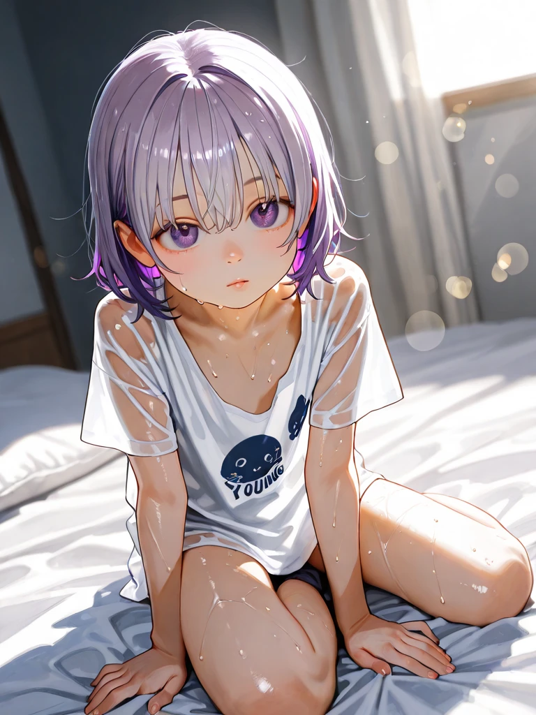 tosaki mimi（buisupo）,Bobcut,Light purple hair,Mesh in deep pink,Blue down jacket,The chest is empty,One legged tights,first round,White T-shirt