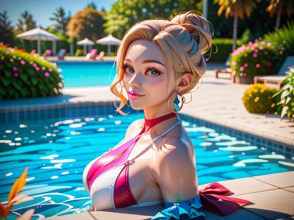 Masterpiece, best quality, 16k resolution, illustration, NVIDIA RTX Ray Tracing technology, Create a 4K resolution, ultra-realistic, and extremely detailed artwork, wallpaper, award winning, retina, soft light, sharp focus, (hyper-realistic:1.4), (full body:1.4), from above

Princess Peach, she is wearing a pink detailed designed bikini, slim body, slim waist, blonde hair, long blonde hair, blue eyes, have big breasts and a great cleavage, she must be wearing a golden crown, (golden crown)

she must be in a sexy pose, sited, she must be showing her beautiful legs sitting next to a pool, at a resort, 

((pool, sky, clouds, water splash, ))

FULL BODY SHOT, ultra wide angle, textured skin, face detail, clean skin, perfect hands, perfect anatomy, anatomically correct