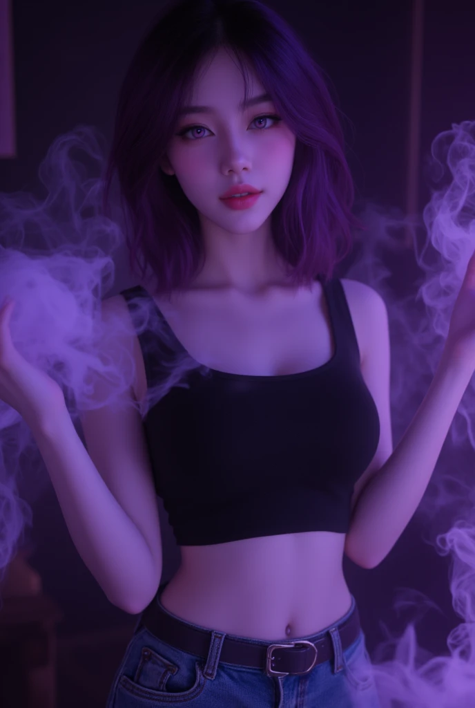 A beautiful Kpop idol girl wearing a dark outfit, her blue and purple hair tied up, against the backdrop of a night window