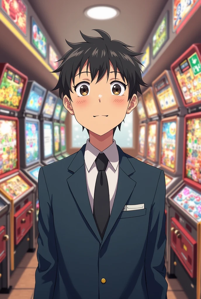 Highres, Masterpiece, Best quality at best,Best Quality,hight quality, hight detailed, Anime style, 1boy, Boy, Shota, Solo person, Sleeveless vest, Narrow shoulder, Tie, Gloves, Choker, Casino, Waiter, night day, Slim body, smile, sweat, Body, Simple beckground, Seen from the front, (Showing armpit:1.3), (very young boy), (very small and short body)