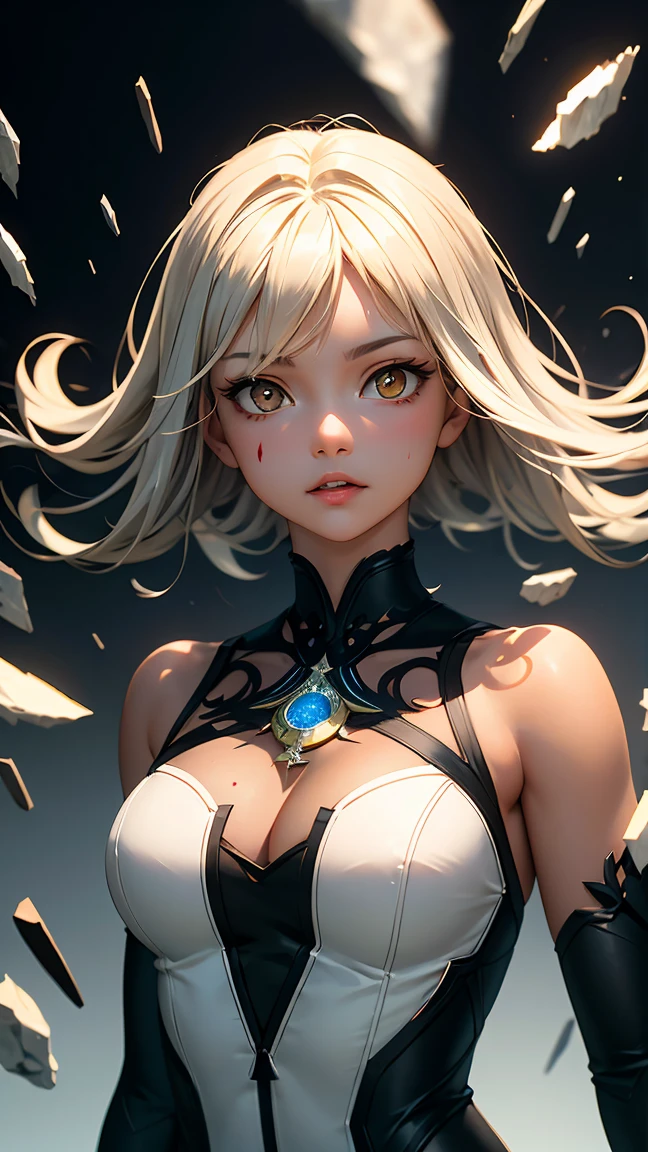 (masterpiece, best quality), 1girl, lumine (genshin impact), solo, little smile, flower, breasts, blonde hair, hair flower, hair ornament, looking at viewer, dress, cleavage, yellow eyes, white dress, detached sleeves, bangs, upper body, medium breasts, white flower, (grey background:1.4), bare shoulders, hair between eyes, gradient, blush, sidelocks, closed mouth, gloves, sleeveless dress, white scarf, short hair with long locks, sleeveless, stretching, white sleeves, short hair, <lora:lumine:1>