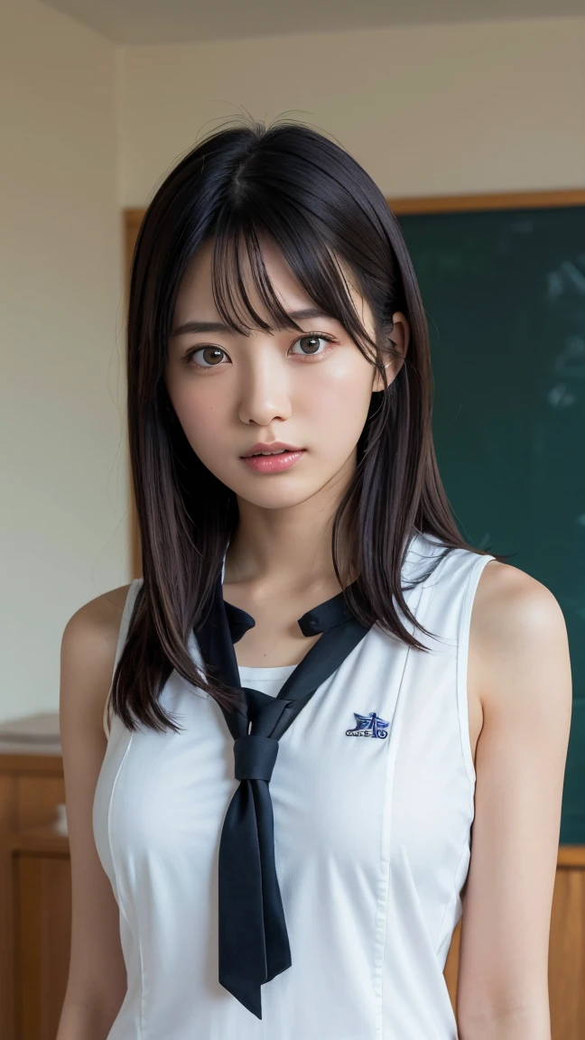 (Highest Quality:1.4),(masterpiece:1.4),(realistic:1.4),(realistic:1.2),(超high definition, RAW Photo:1.4),(high definition, very detailed:1.2),(8k:1.2)、One personの女の子,natural expression、One person,Big Breasts,((upper body:1.8)),white background、Japanese High School Uniforms、((The chest is visible))、sexy、high school girl、((full-length figure)), standing,
