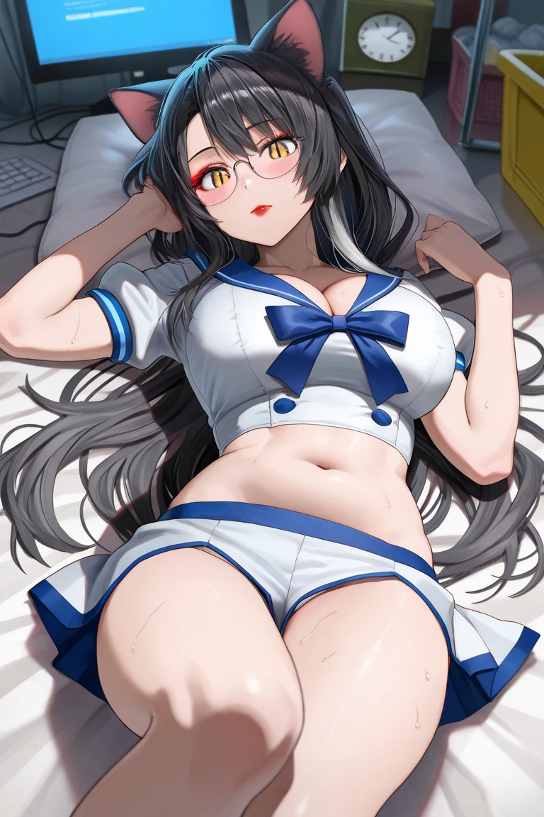 masterpiece,Highest quality,High resolution,shape,Very detailed,8k wallpaper,Ray Tracing,girl,(Black Hair:1.1),((Long Hair:1.1)),(Black Eye 1:1.1),Straight hair,Medium Chest,((embarrassing 1:1.3)),((Female organ 1:1.3)),((white short sleeve sailor uniform:1.2)),Her Room,School Swimsuit,Lie down