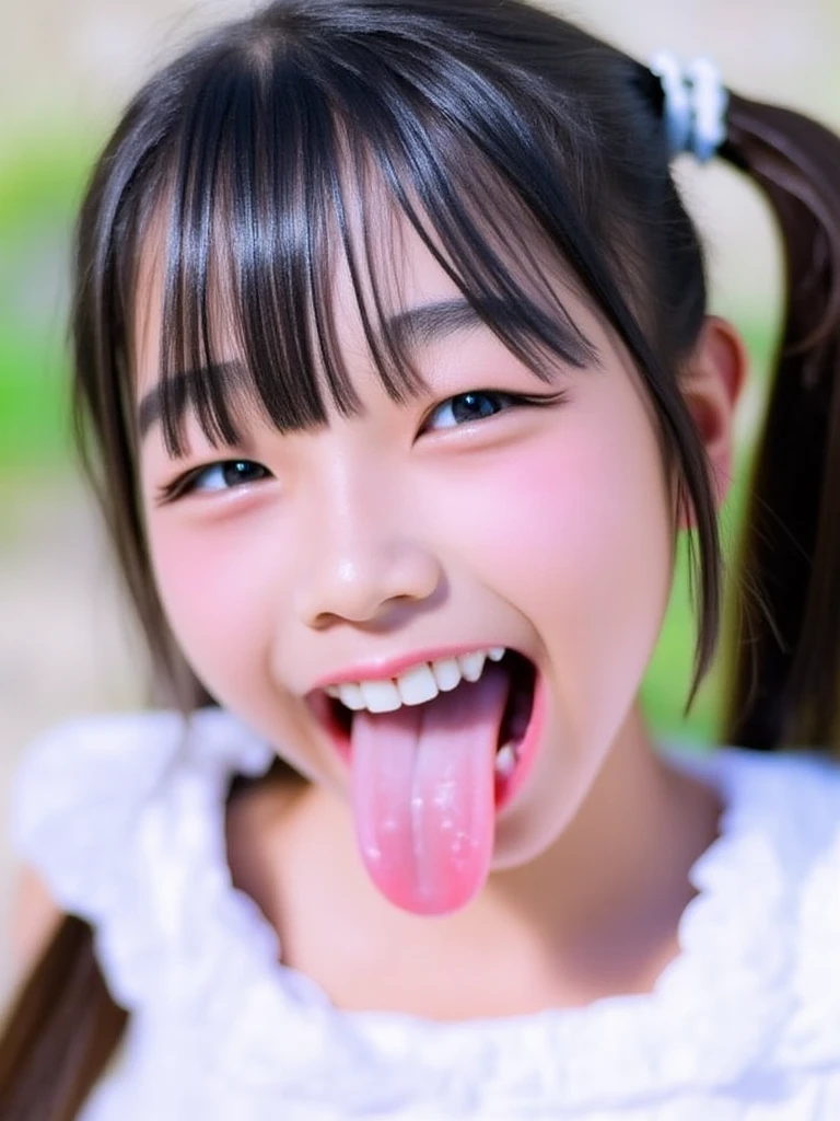 ,Short sleeved white shirt,Grey checked tie,Grey checked mini skirt,Navy blue socks,open mouth,tongue out,cum on tongue,Sitting on a black sofa,looking ahead,from above,flont view,face focus,open mouth,tongue out,(1girl,Beautiful 14 year old girl),((Slender,Small breasts,Small face,)),looking at viewer,Black Hair,bangs,Row Twin Tails,Beautiful and detailed,Mischievous smile,Hands under the chin,Dimly lit room,Simple Background,Black background,