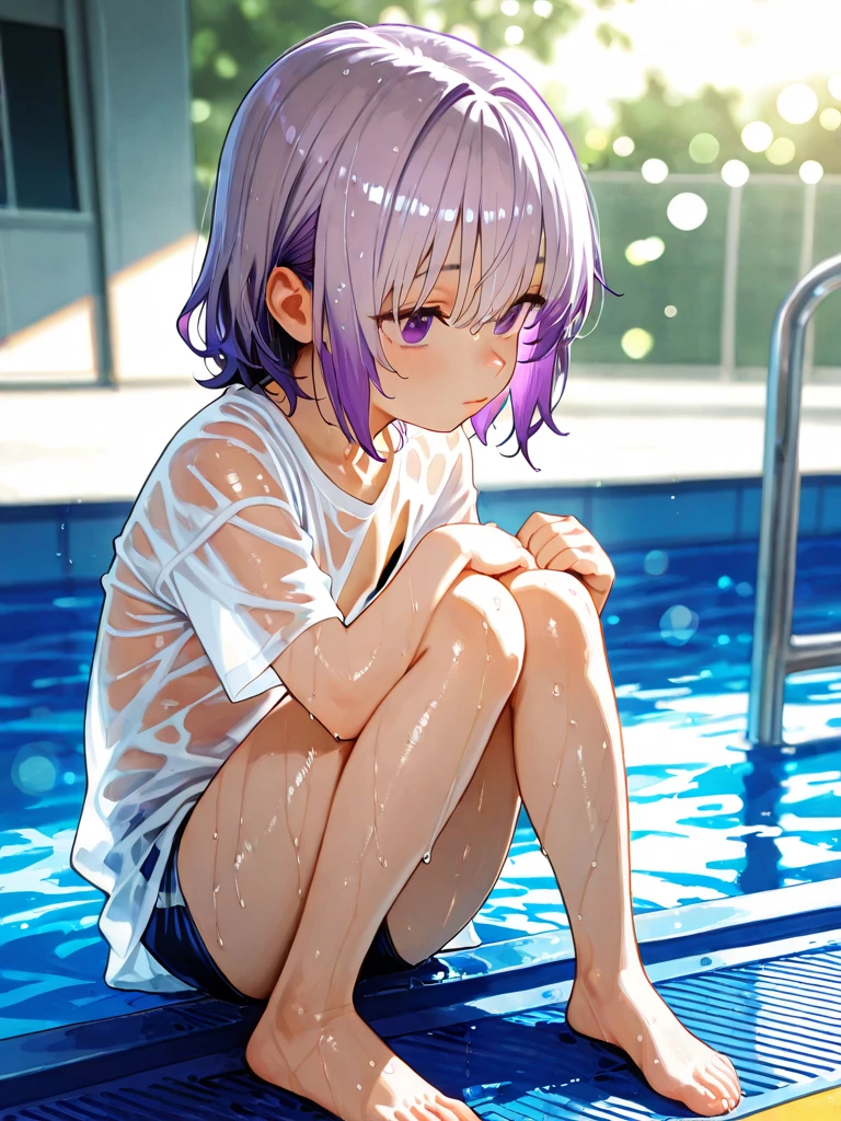 Nanasaki、sunburn、school swimwear、pool、evening、nipple、crotch opening、sunburn跡、Natsu、black haired、shortcut、young face, anime moe art style、seductive anime girl, 4k manga wallpaper, naughty anime style, beautiful anime girl, strongest pose、 anime moe art style