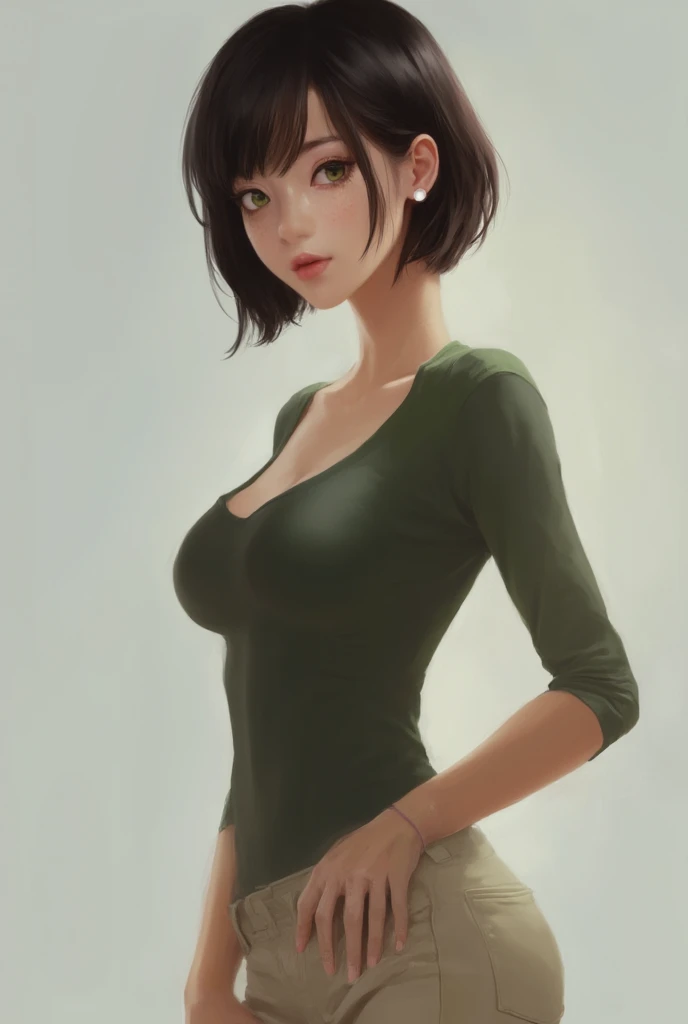 Fubuki from opm, realistic, age 25, pure white skin, green eyes, dark green bob hair, white fur neck collor, green cropped t shirt, perfect face, perfect shape body, above large breasts, clothes covered upper body, 3d art gram, detailed art, posing to viewer, cowboy shot.