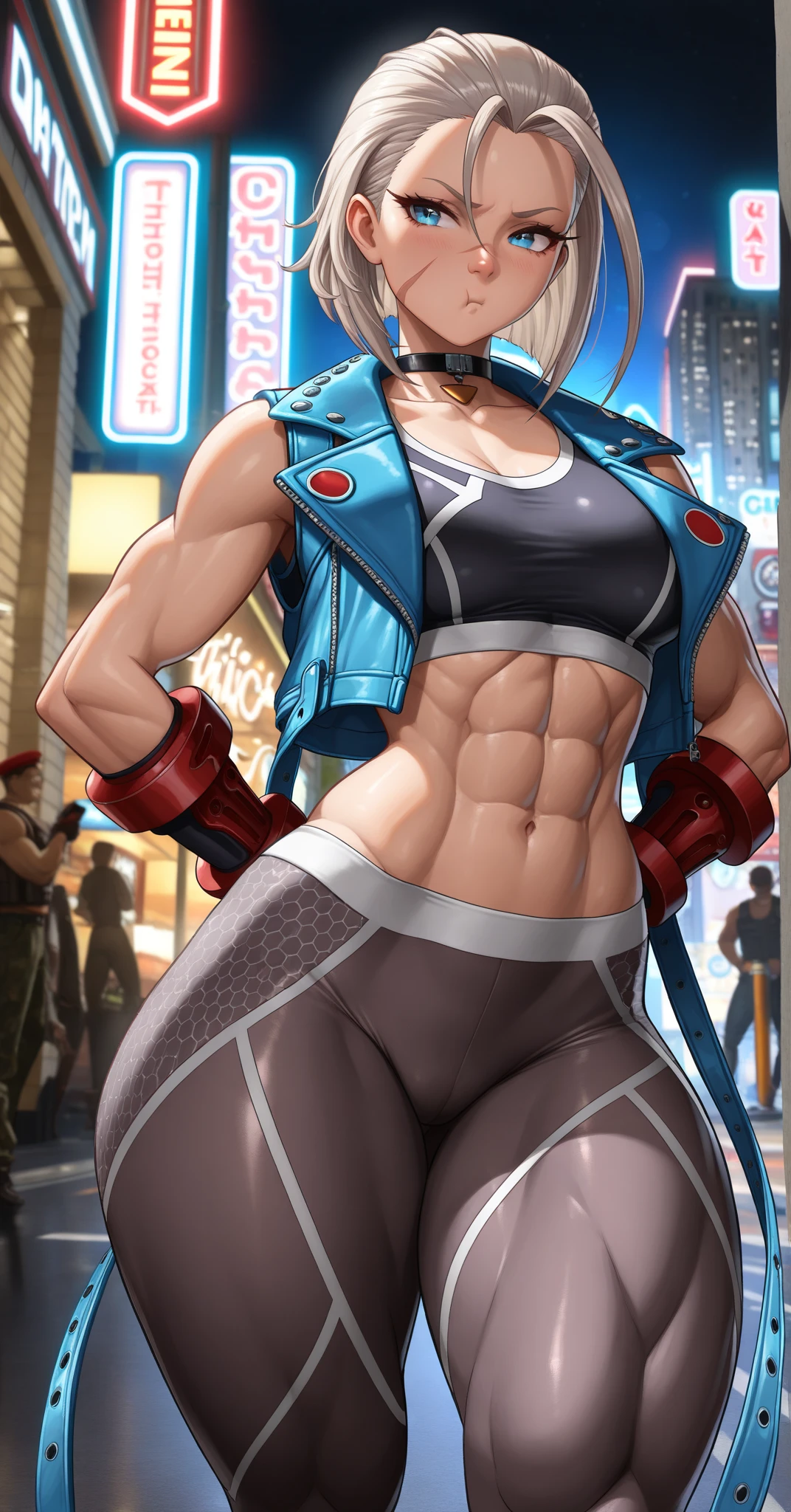 cammy sf6, black sports well, choker, 1 girl, standing alone, clothes open, black pants, looking ahead at viewer, へそ, abdomen, White background, blue colored eyes, scar on the face, red gloves, scar on cheek, muscular, antenna hair, hand on hip, black choker, open jacket, cropped jacket, thicc thighs grossas, hair blonde, gloves fingerless, sports well, shorth hair, thicc thighs, muscular female, tummy, Blue jacket, standing backwards, big-ass