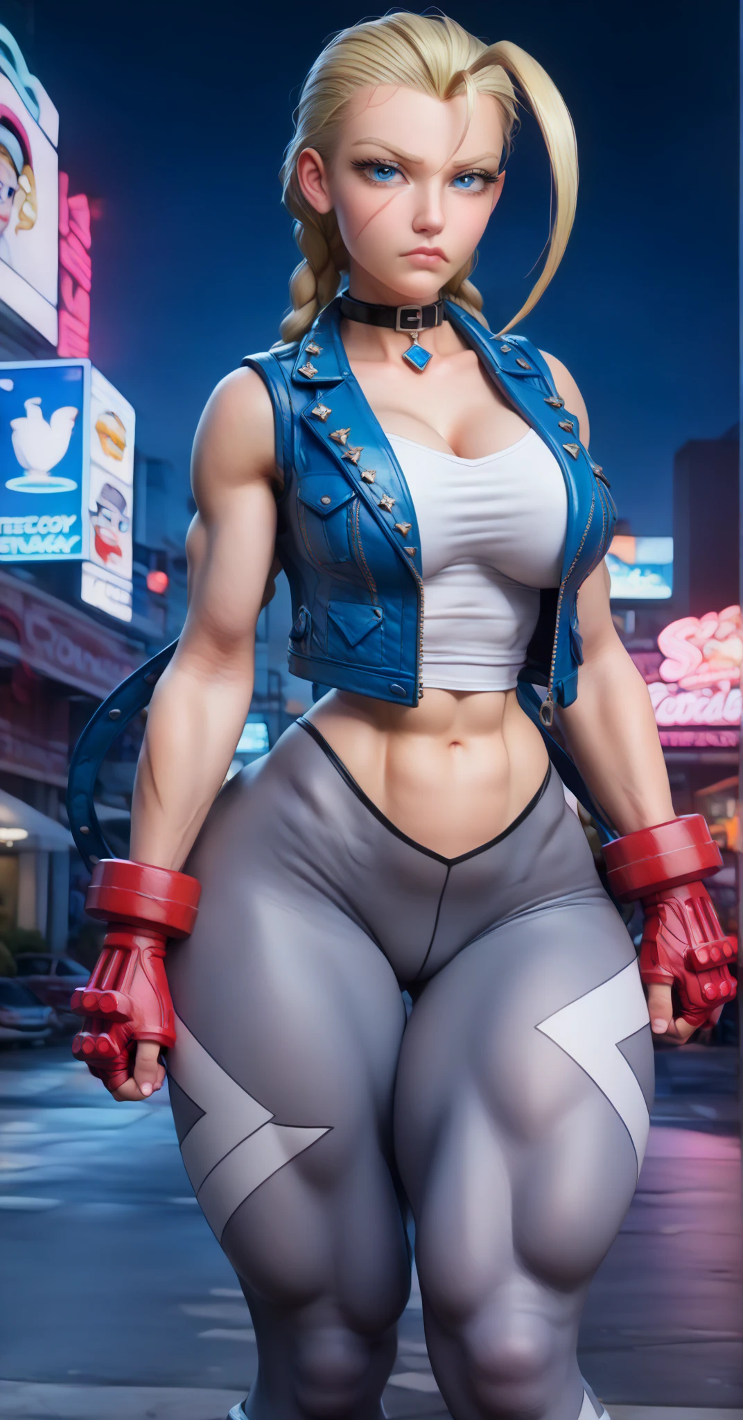 blue＿Marie, ((masterpiece, Highest quality, Best image quality, High resolution, Realistic, RAW Photos, 8K)), ((非常に詳細な CG 統合 8K 壁紙)), (Huge and stunning goddess shot, Very hot and sexy, Incredible beauty, Perfect proportions, Beautiful body, Very muscular body beauty:1.5), Hip Up, Looking down at the viewer, tightly closed mouth,Voluminous bob cut,Platinum blonde hair, Beautiful Eyes, ＦCup Breasts,dove chest , Very thick and muscular thighs ,Trained abdominal muscles,Slim and toned waist,Street Fighter,Fighting game female characters,Dynamic Movement Shoes, Sweaty、Ultra detailed crotch, Very thick and muscular thighs,Thighs that are thicker and more muscular than the waist,Looking up from below,Low - Angle,Detailed armpits ,Ultra-detailed wet skin, Very thick biceps, Sweaty armpits,Brush your hair up, Very muscular woman , Blurred Background , On a very hot day、Stand with your feet apart, With the right hands and fingers,Thimble gloves