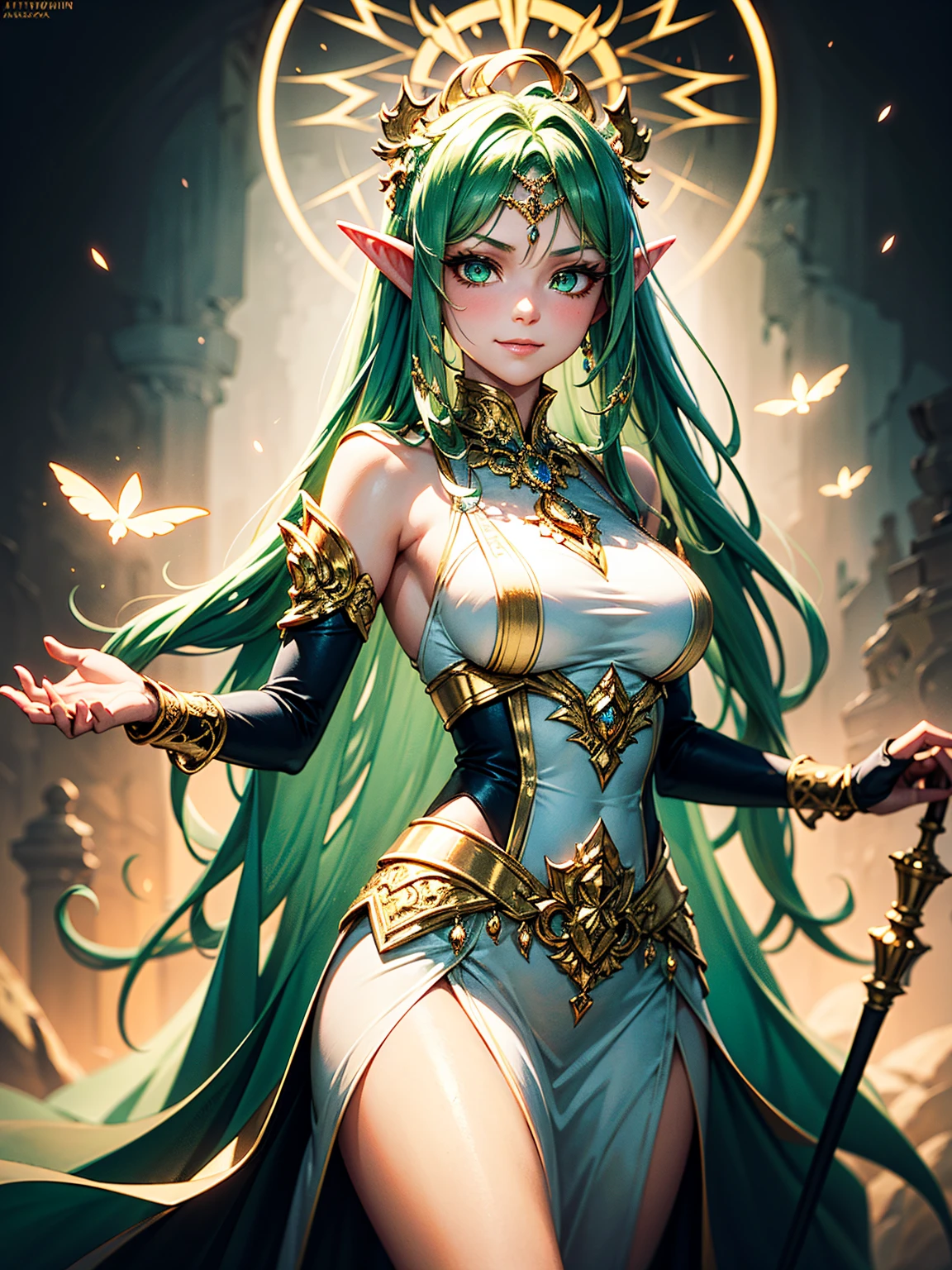 There is summer dale covered with flowers and grass and flying elemental wisps, There stand female sylph, she have beautiful face with green eyes, green eye shadows, and green lipstick, long windy emerald hair, and tattoos over all her body, arms and legs, she have naked top and and skirt made of leafs and flowers, and windy aura around her, (ultra high quality fantasy art, dark fantasy style, masterpiece, ultra high quality character design, 8k quality anime art, realistic anime art, top quality wallpaper illustration, detailed ultra high quality accurate face, high quality design and accurate physic)