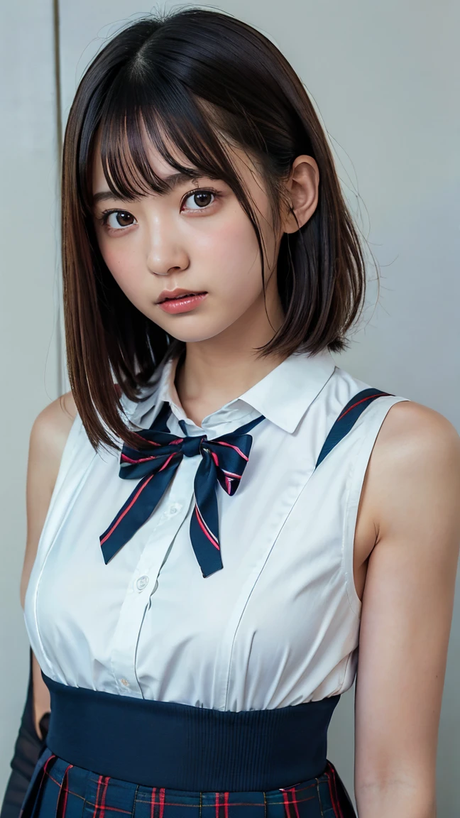 Bow tie, dress shirt, pleated skirt, Japanese Student Model, One girl, middle hair, alone, ((arms behind back)), Locked in the dungeons of the castle