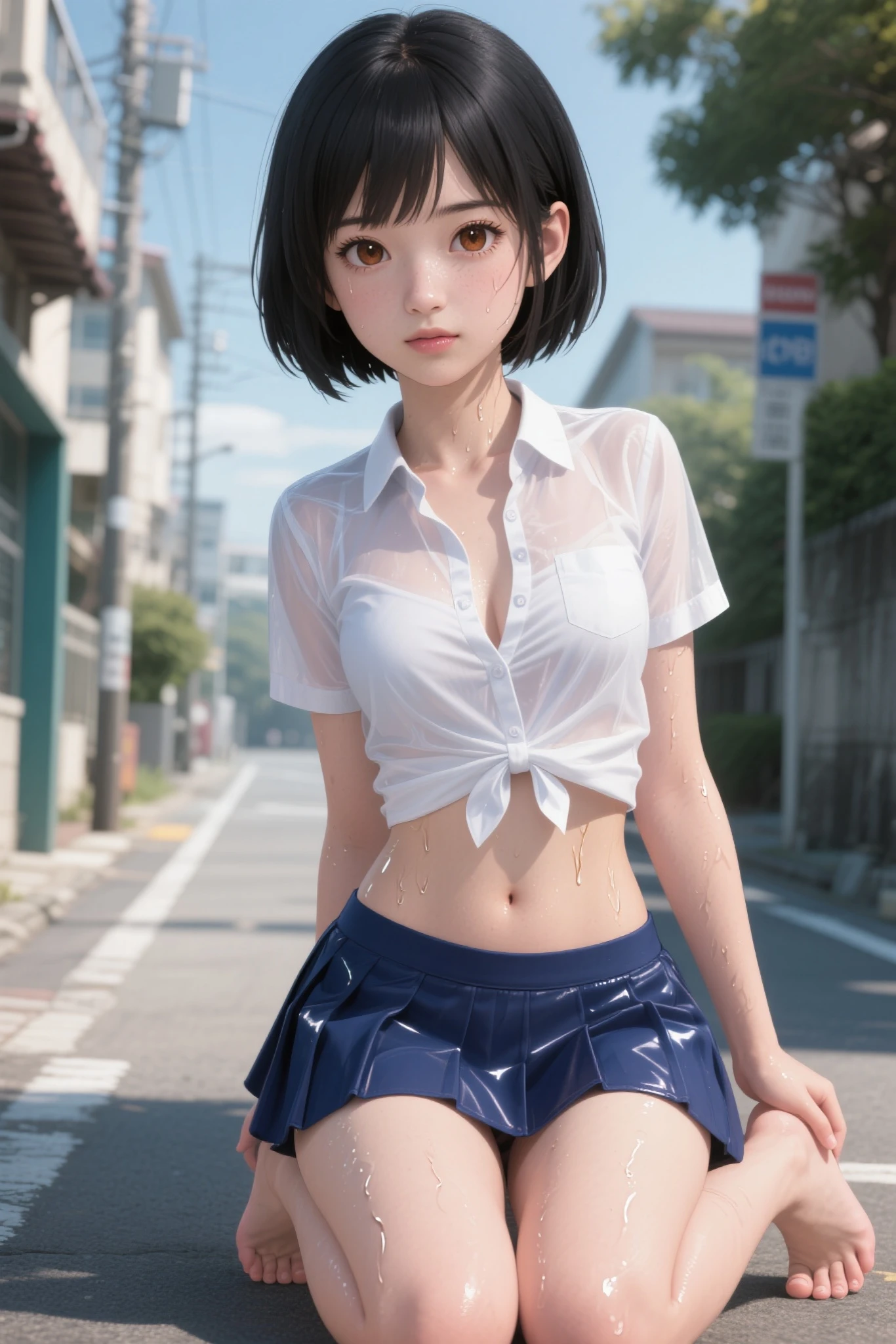 Masterpiece, Top Quality, Highly Detailed, High Resolution, Expensive Resolution, High Resolution, 4K, 8k, Unity 8k Wallpaper, Highly Detailed CG, Masterpiece, 2D, 3D, Beautiful Details, Depth, Fine Texture, Top Quality: 1.3, Perfect focus, Clear skin, Him, Very cute anime girl, Casual style, Heavy rain while meeting him in the park, Her whole body is soaked with rain and her white blouse is transparent, Her hair is also soaked and dripping with moisture, Her bra is visible through her clothes.From the knee up, Big breasts,Mini skirt, standing figure, Soaked by heavy rain,Mole under eye, Looking at the viewer, Expensive, Blush, Mole, Open lips, Heart, Pink eyes, Choker