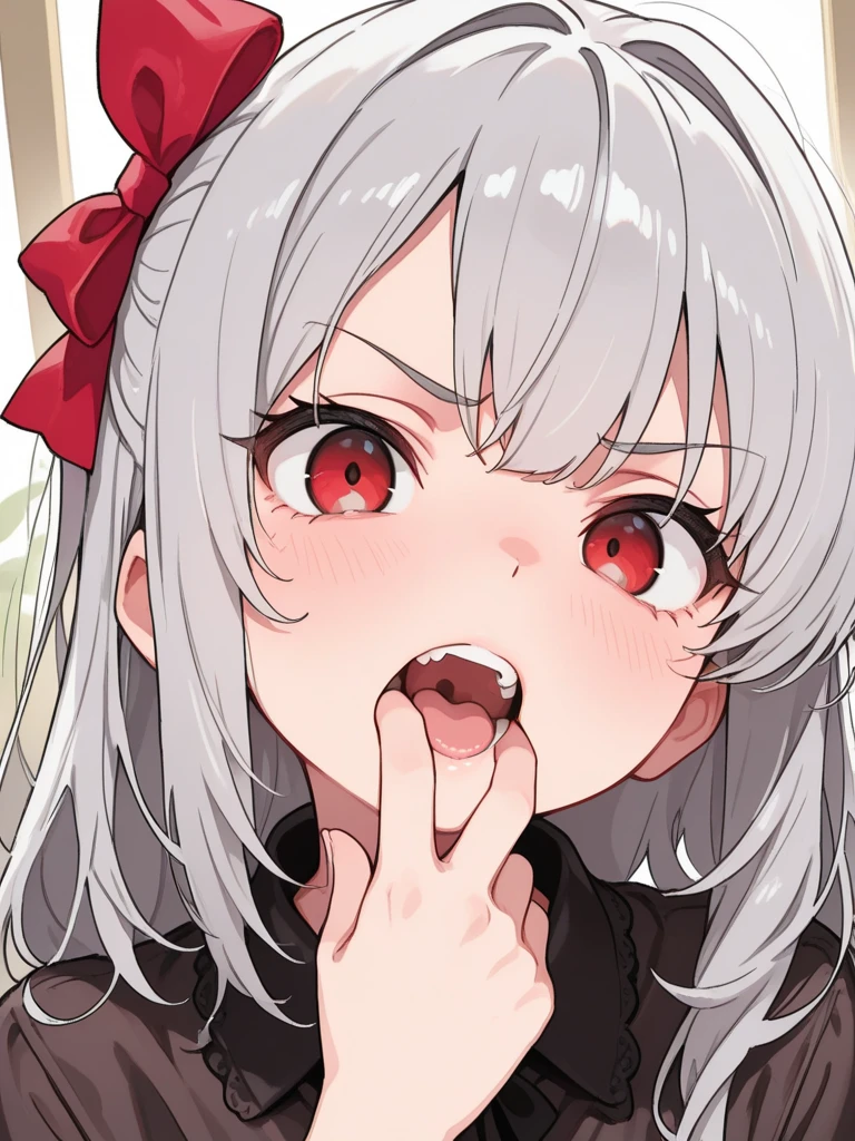 2d, masterpiece, best quality, anime, highly detailed eyes, highly detailed face, highly detailed background, pov, pov hands, finger in another's mouth, open mouth, fang, slit pupil, glowing eyes, serafuku, long straight white, hair,fang, lycoris flower,(red, black),<lora:fangInspectionDay_10AOM2:1>