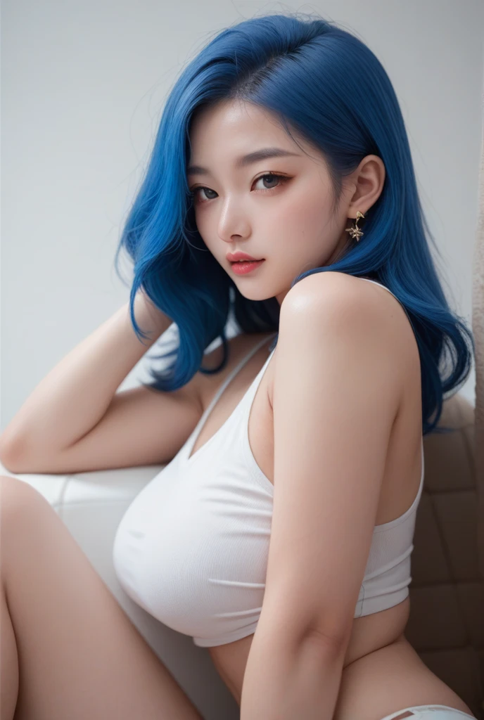 ((Best high quality:1.2)), Work of art, (8k), extremely detailed, ((High detail:1.2)), (HotLexi woman), Solo, ((18 years old pretty perfect Korean Ulzzang female:1.4)), (thong bikini), (fix his hand to be anatomically correct), BREAK, (green eyes, blue hair), BREAK,