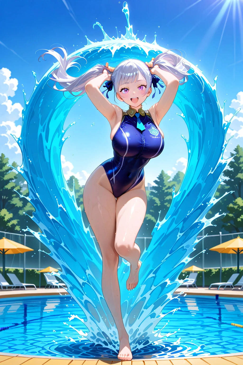 masterpiece、Mastepiece、girl、Random hairstyle、Clear eyes、Smiling at the audience、Perfect proportions、full body shot、Random Swimsuit、Sexy pose、The background is a river