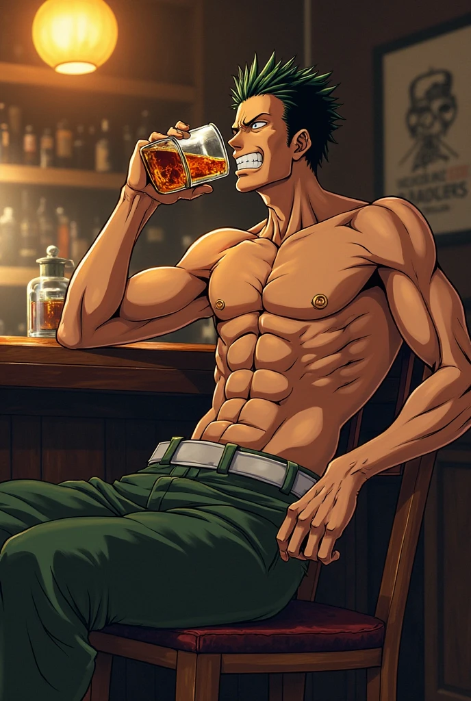 burly man, Yuji Itadori from Jujutsu Kaisen, drinking a beer, shirtless, green eyes, Black hair that's a bit spiky downwards.