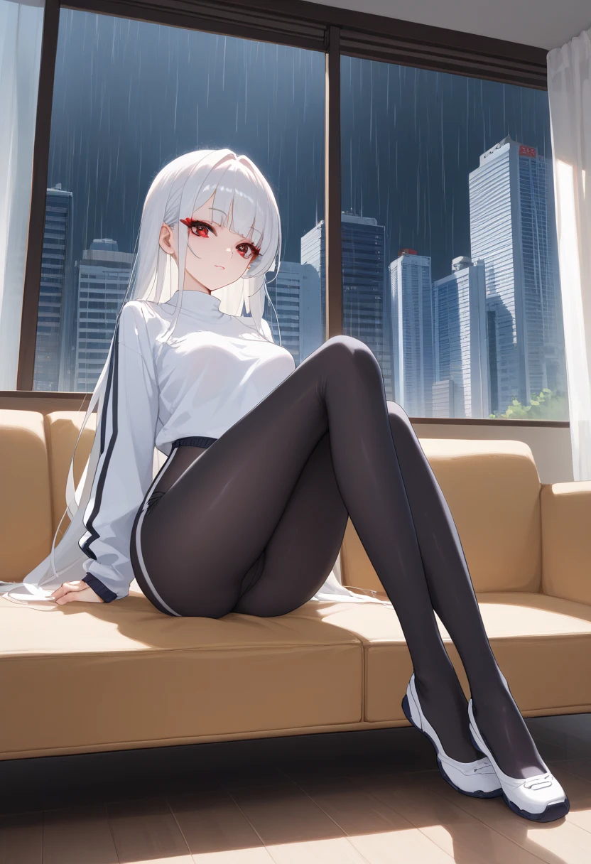 8k, high resolution, 1 woman, adult, attractive, busty, medium silver hair, silver eyes, white sweater, long black trousers, looking at viewer, smile warmly, sitting on sofa